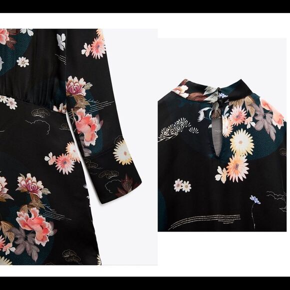 Zara Black long sleeve floral Camila minidress Sz XS NWT - Picture 4 of 10